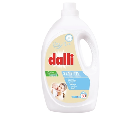 Dalli Sensitive universalus skalbiklis jautriai odai, 2.75L talpos butelis su dermatologiškai patvirtinta formule